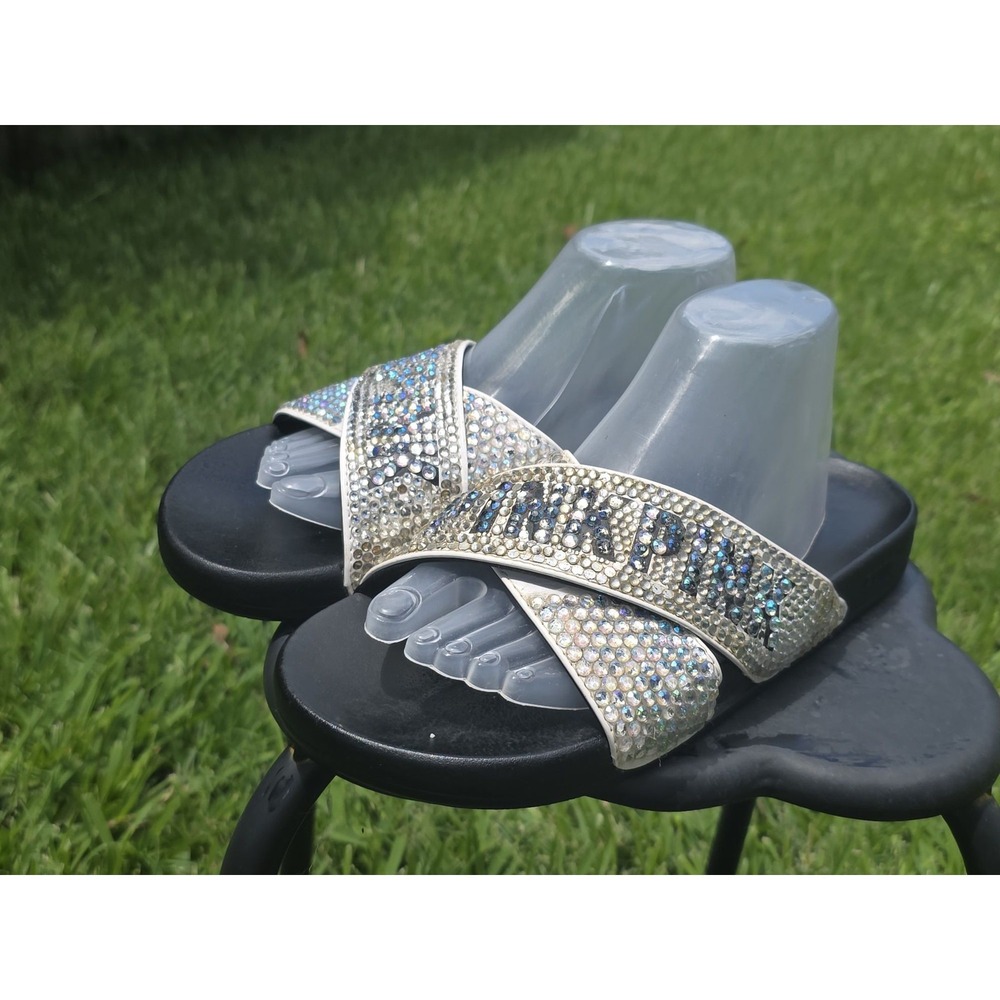 Victoria's Secret PINK Criss Cross Slides Silver Rhinestone Sandals